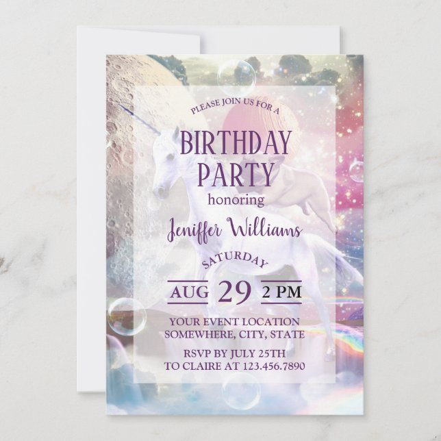 Convites Arco-íris galáxia cavalgando unicórnio no espaço. (Frente)