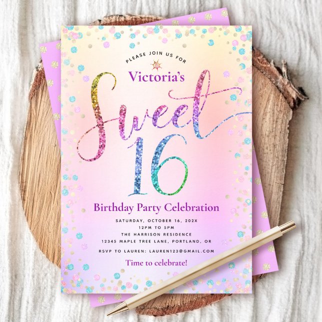 Convites Arco-íris Glitter Ombre Script Aniversário de 16 a (Criador carregado)
