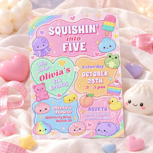 Convites Arco-íris Groovy Squishy Menina 5º Aniversário
