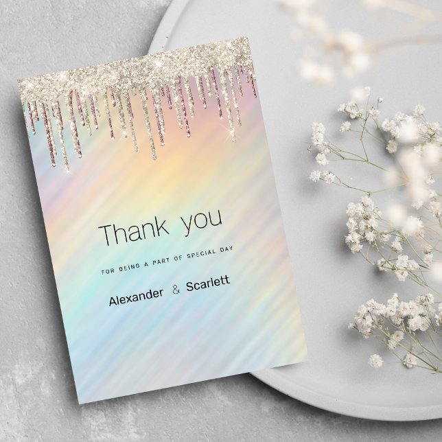 Convites Arco-íris holográfico brilha em glitter dourado go (Rainbow holographic gold glitter drips Thank You )