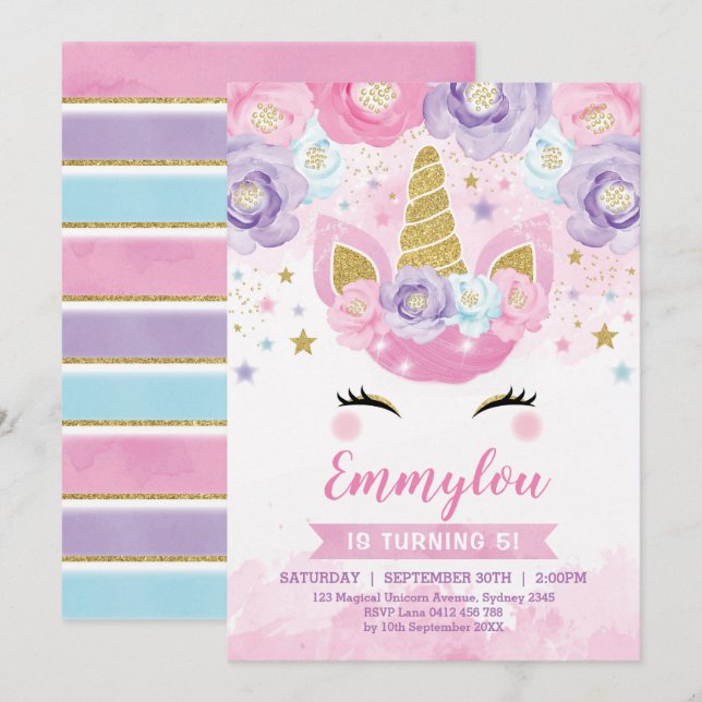 Convites Arco-íris mágico do roxo do rosa da festa de (Frente/Verso)