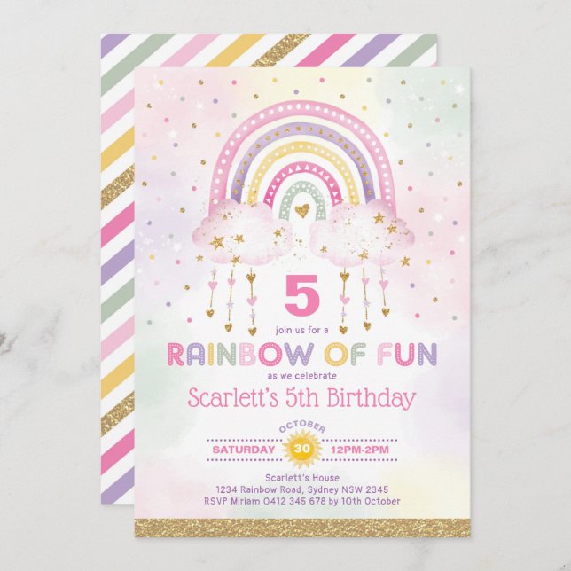 Convites Arco-Íris Mágico Rosa Dourado Nuvens Meninas Anive (Frente/Verso)