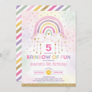 Convites Arco-Íris Mágico Rosa Dourado Nuvens Meninas Anive