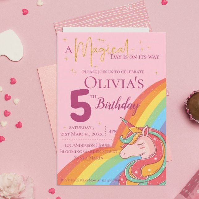 Convites Arco-Íris Mágico Unicórnio Faux Glitter Birthday (Magical Rainbow Unicorn Faux Glitter Birthday Invitation)