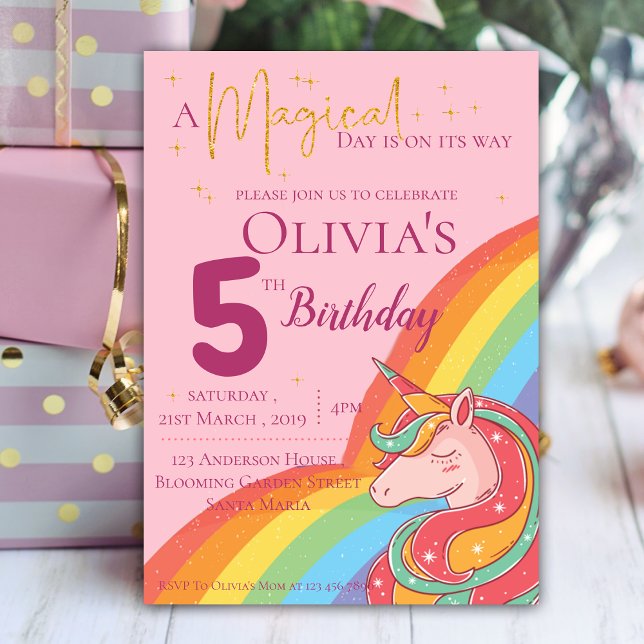 Convites Arco-Íris Mágico Unicórnio Faux Glitter Birthday (Magical Rainbow Unicorn Faux Glitter Birthday Invitation)