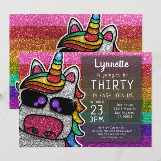 Convites Arco-Íris Mágico Unicórnio Glitter Whimsical Birth (Frente/Verso)