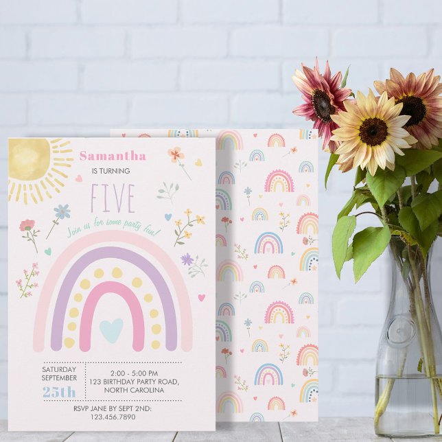 Convites Arco-íris Pastel Flores Selvagens Corações Anivers (Pastel Rainbows Girly Wildflowers Hearts Birthday Invitation)