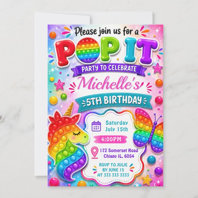 Convites Arco-íris Pop It Brinquedo Fidget Aniversário (Frente)