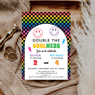 Convites Arco-íris Retro Celebração Dupla de Aniversário Co
