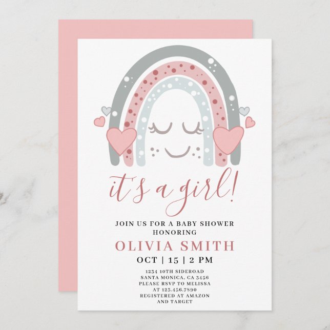 Convites Arco-Íris Rosa Bonito É um Chá de fraldas (Frente/Verso)