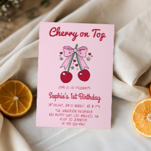 Convites Arco-íris Rosa Macie Cherry no Topo 1º Aniversário