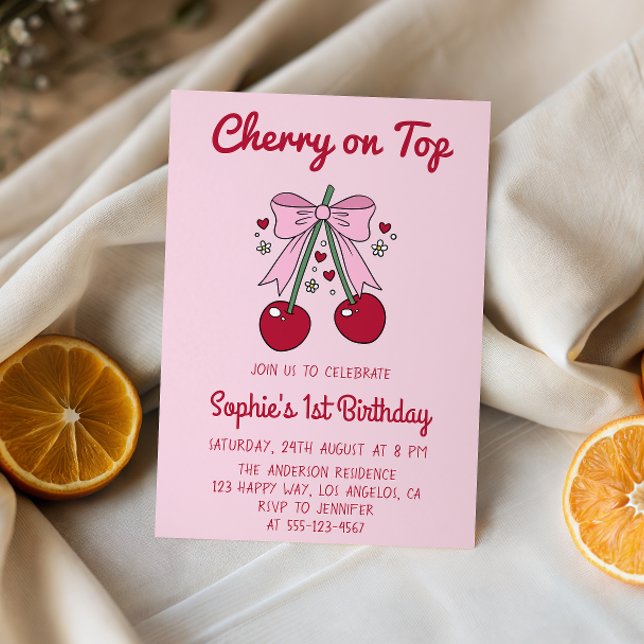 Convites Arco-íris Rosa Macie Cherry no Topo 1º Aniversário (Criador carregado)