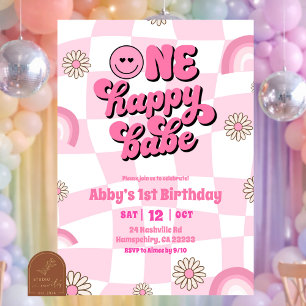 Convites Arco-íris rosa retro um feliz aniversário de bebê