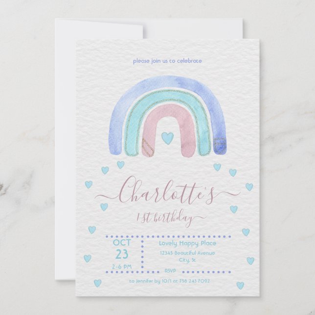 Convites Arco-Íris Roxo Azul Qualquer Aniversário (Frente)