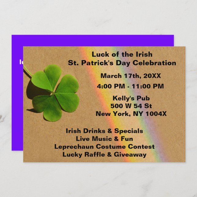 Convites Arco-íris Roxo & Trevo Verde Bebendo Irlandês   (Frente/Verso)