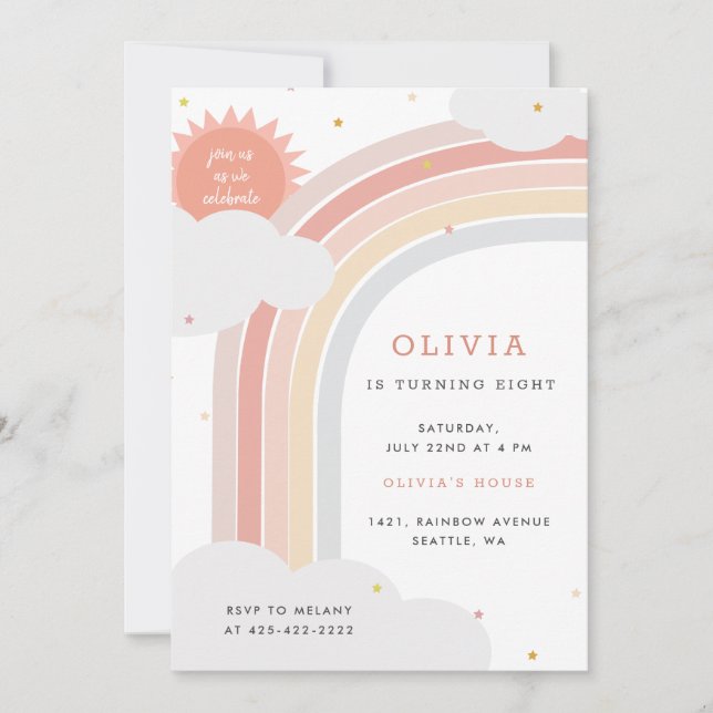 Convites Arco-Íris, Sol e Nuvens Aniversário do Criança Ros (Frente)