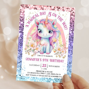 Convites Arco-íris Unicórnio 9º Aniversário Menina Rosa Mod