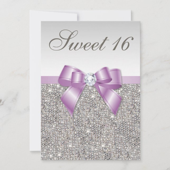 Convites Arco Lilac Faux Sequins de Prata Sweet 16 (Frente)