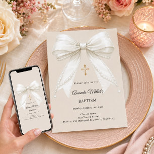 Convites Arco Marfim Bege Pérolas Menina Elegante Batizado