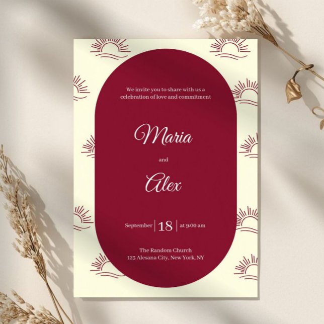 Convites Arco Minimalista Borgonha Boho Sol Casamento (filipino wedding invitation, catholic wedding invite, burgundy wedding invitation, filipino catholic)
