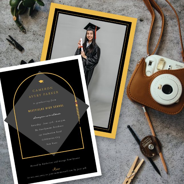 Convites Arco Moderno Borlas Quadro Foto Festa de Graduação (Arch Tassels Minimalist Frame Photo Graduation Party Invitation | fatfatin @ zazzle.com/color_therap)