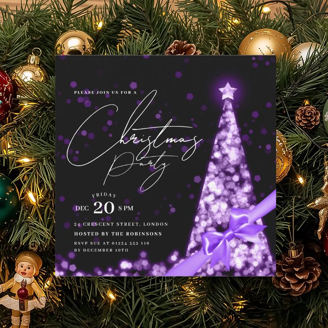 Convites Arco MODERNO de Natal de Inverno Roxo Festa  (MODERN Purple Winter Christmas Tree Bow Party Invitation)