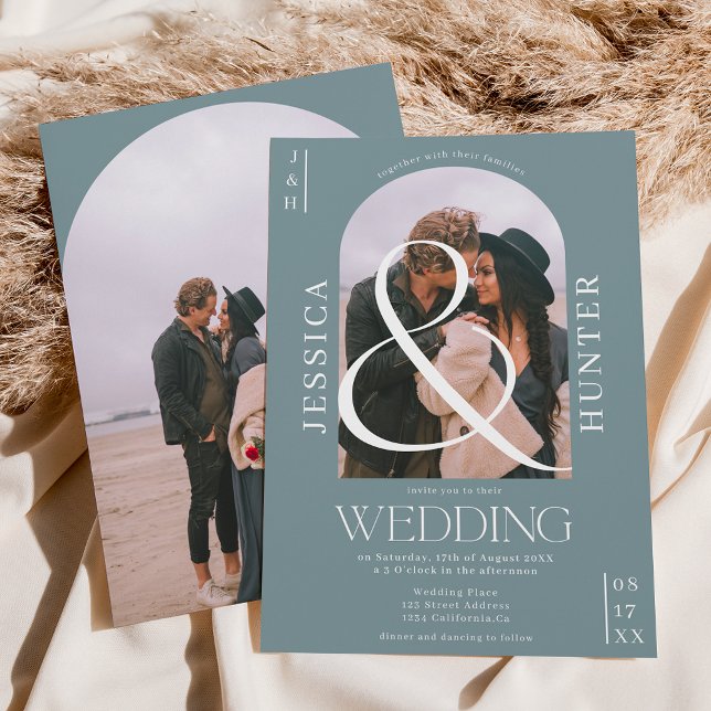 Convites Arco moderno de vassoura 2 fotos de casamento azul (Criador carregado)