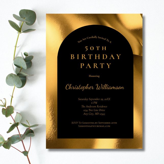 Convites Arco Moderno dos Homens Pretos da Folha de Ouro 50 (Black with gold foil 50th birthday invitation for him or her. Simple Classic)