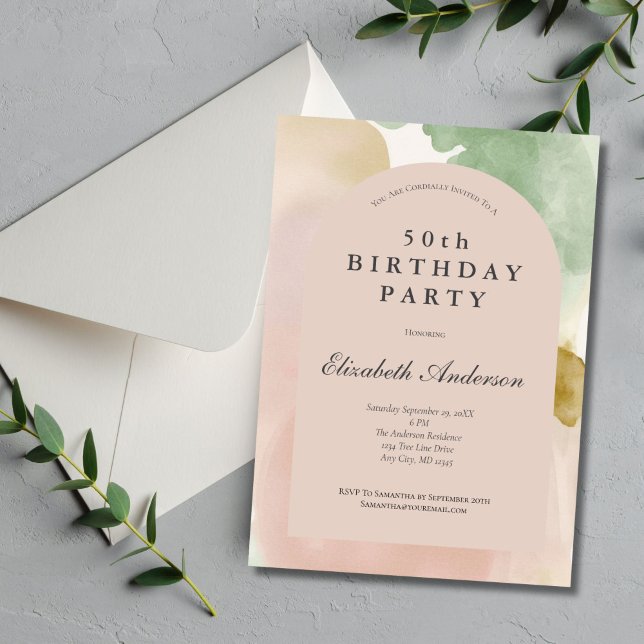 Convites Arco Moderno Dourado Verde Rosa 50º Aniversário (Boho Dusty Pink Beige Green Gold Watercolor 50th Birthday invitation for her.)
