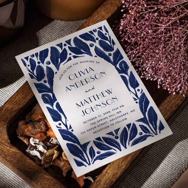 Convites Arco moderno elegante. Casamento floral azul marin (Criador carregado)