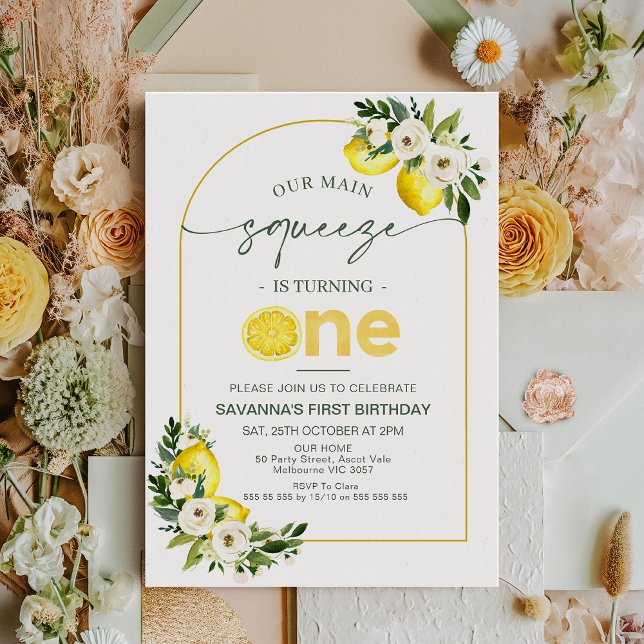 Convites Arco Moderno Limona Nosso primeiro aniversario De  (Arch Our Main Squeeze 1st Birthday Invitation Template, Floral Main Squeeze 1st Birthday Invitation)
