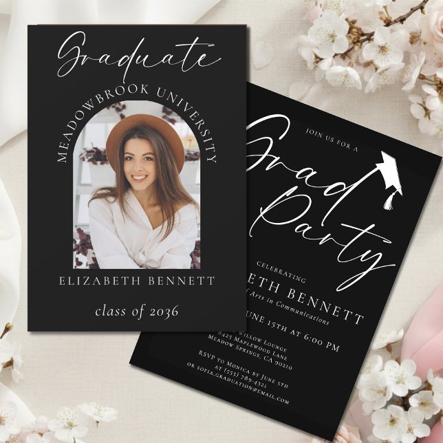 Convites Arco Moderno Preto e Branco Foto Festa de Graduaçã (Criador carregado)