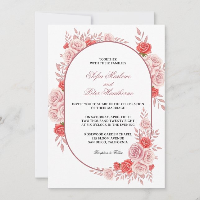 Convites Arco Moderno Rosa Floral Casamento (Frente)
