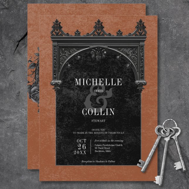 Convites Arco Negro Gótico e Rosas Negras Casamento de ferr (Gothic Black Arch & Black Roses Rust Wedding Invitation
)