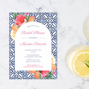 Convites Arco Ousado Laranja Floral Azul Azulejo Casamento