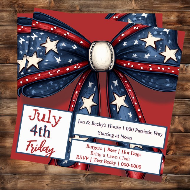 Convites Arco Patriótico em Branco Vermelho e Azul com Estr (Stars and stripes on a flirty bow for Independence Day on customizable party invitation. )