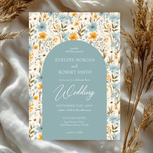 Convites Arco poeirento de flores azuis e amarelas (boho watercolor dusty blue and yellow wild flowers wedding invitation)