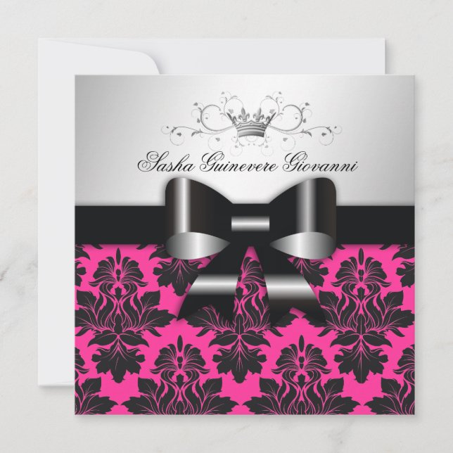 Convites Arco Preto 311-Black Damask Rosa| Doce 16 (Frente)