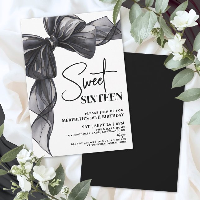 Convites Arco Preto Aniversário de 16 Anos (Black Bow Sweet Sixteen 16th Birthday Invitation)
