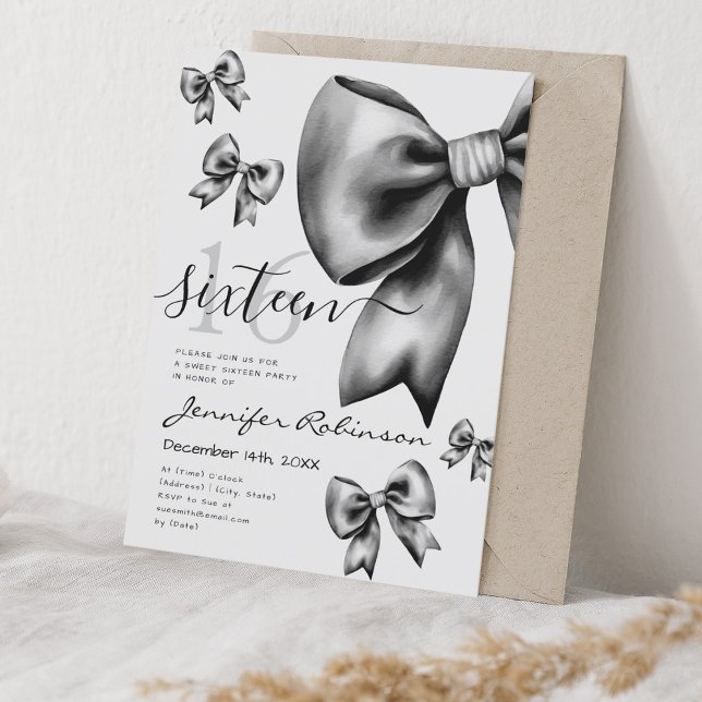 Convites Arco preto coquete bonito doce 16 (Cute Coquette Black Bow Sweet 16 Invitation)
