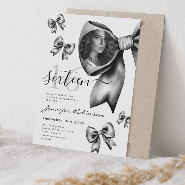 Convites ARCO Preto Coqueteiro Cute FOTO Docinho 16 (PHOTO Cute Coquette Black Bow Sweet 16 Invitation)