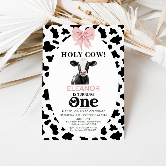 Convites Arco preto cor-de-rosa Impressão vaca primeiro ani (Holy Cow 1st Birthday Invitation Template, Black White Cow Print, Cow Themed 1st Birthday Invitation)