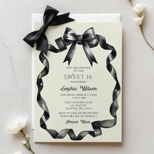 Convites Arco preto de coquete de aquarela elegante doce 16 (Elegant Watercolor Coquette Black Bow Sweet 16 Invitation)