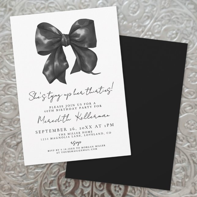 Convites Arco Preto e Branco Aniversário de 40 anos (Hand Drawn Black White Bow Bridal Shower Invitation)