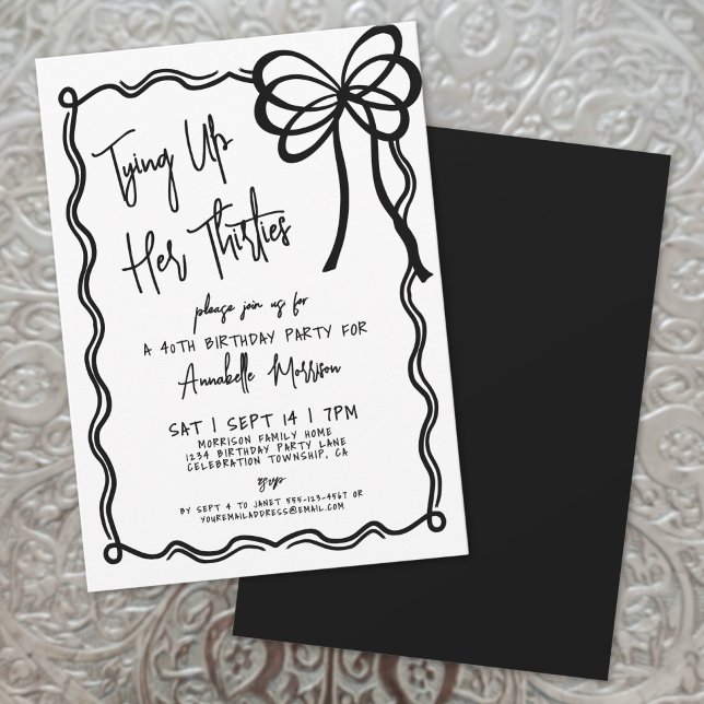 Convites Arco Preto e Branco Desenhado à Mão 40º Aniversári (Hand Drawn Black White Bow 40th Birthday Invitation)