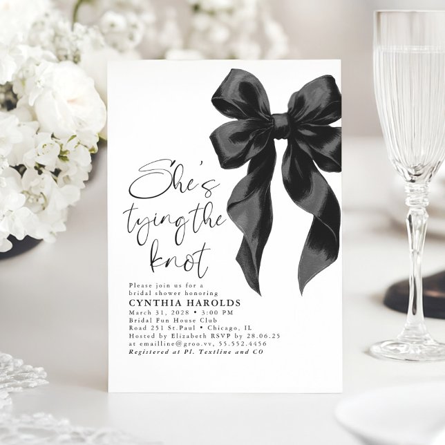 Convites Arco Preto, ela é Chá de panela de Casando (Black Bow Bridal Shower Invitation)