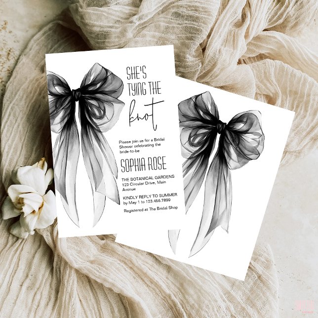 Convites Arco Preto, ela é Chá de panela de Casando (shes tying the knot elegant black bow bridal shower invitation gothic coquette theme bride or die)