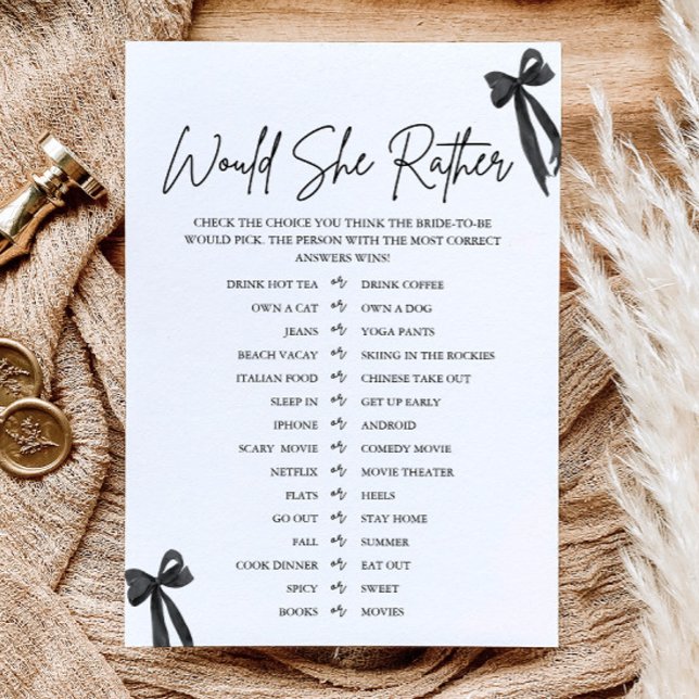 Convites Arco Preto Ela Preferiria Jogo para Chá de Noiva (Black Bow Would She Rather Bridal Shower Game)