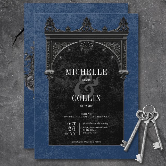 Convites Arco preto gótico e Rosas pretas Casamento azul (Gothic Black Arch & Black Roses Blue Wedding Invitation)