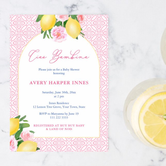 Convites Arco Quadro Ciao Bambina Limões Menina Chuveiro (Ciao Bambina Italian inspired summer baby shower for girl invitation)